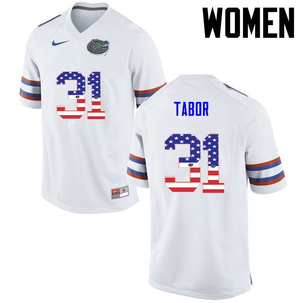 Florida Gators Women #31 Teez Tabor College Football USA Flag Fashion White